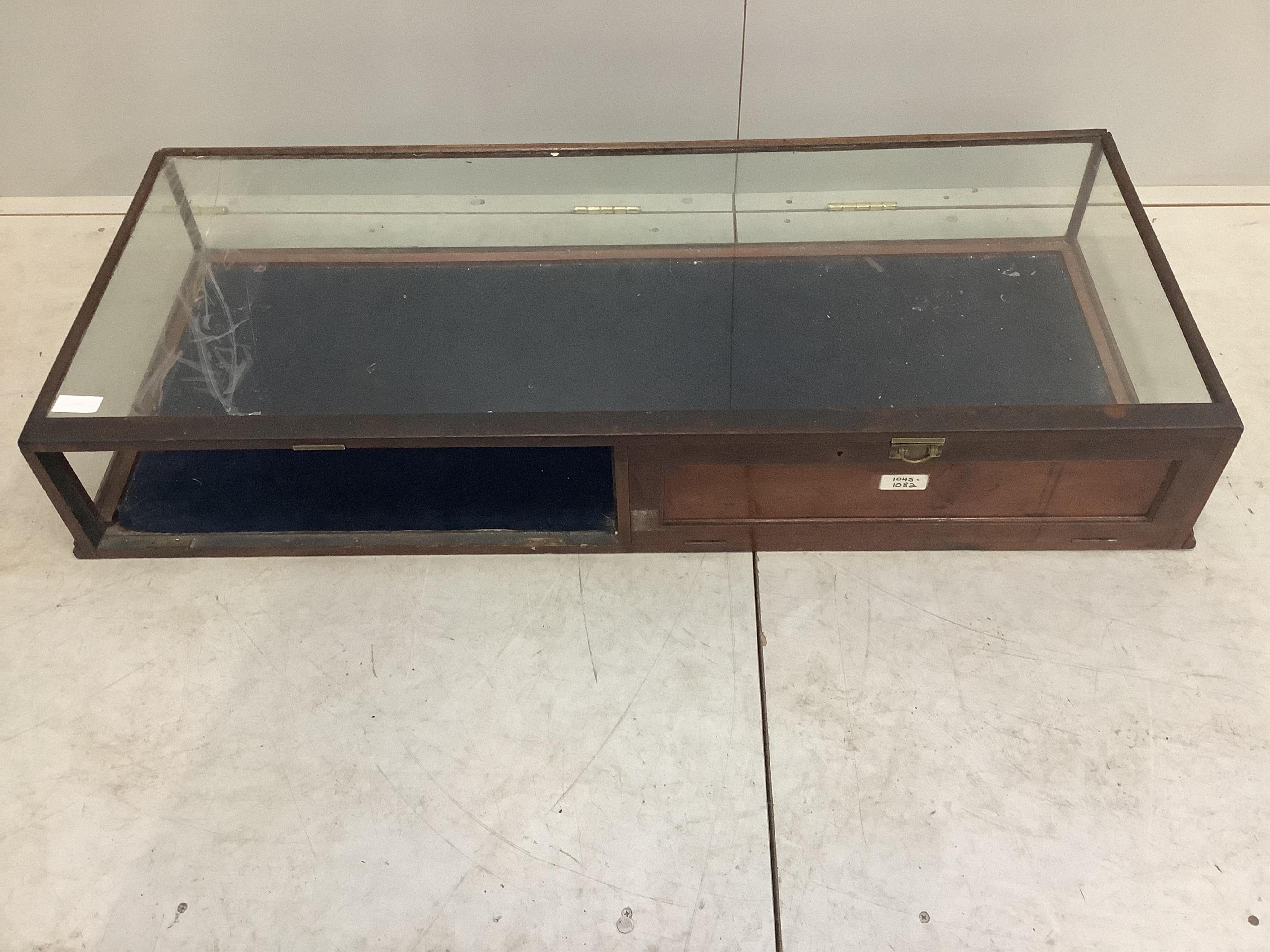 Two late 19th / early 20th century mahogany table top display cases, larger width 151cm, depth 61cm, height 25cm. Condition - poor